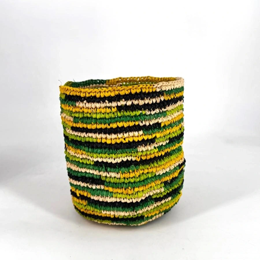 Corbeille cylindre raphia crochet 16x16 cm - couleur vert pop