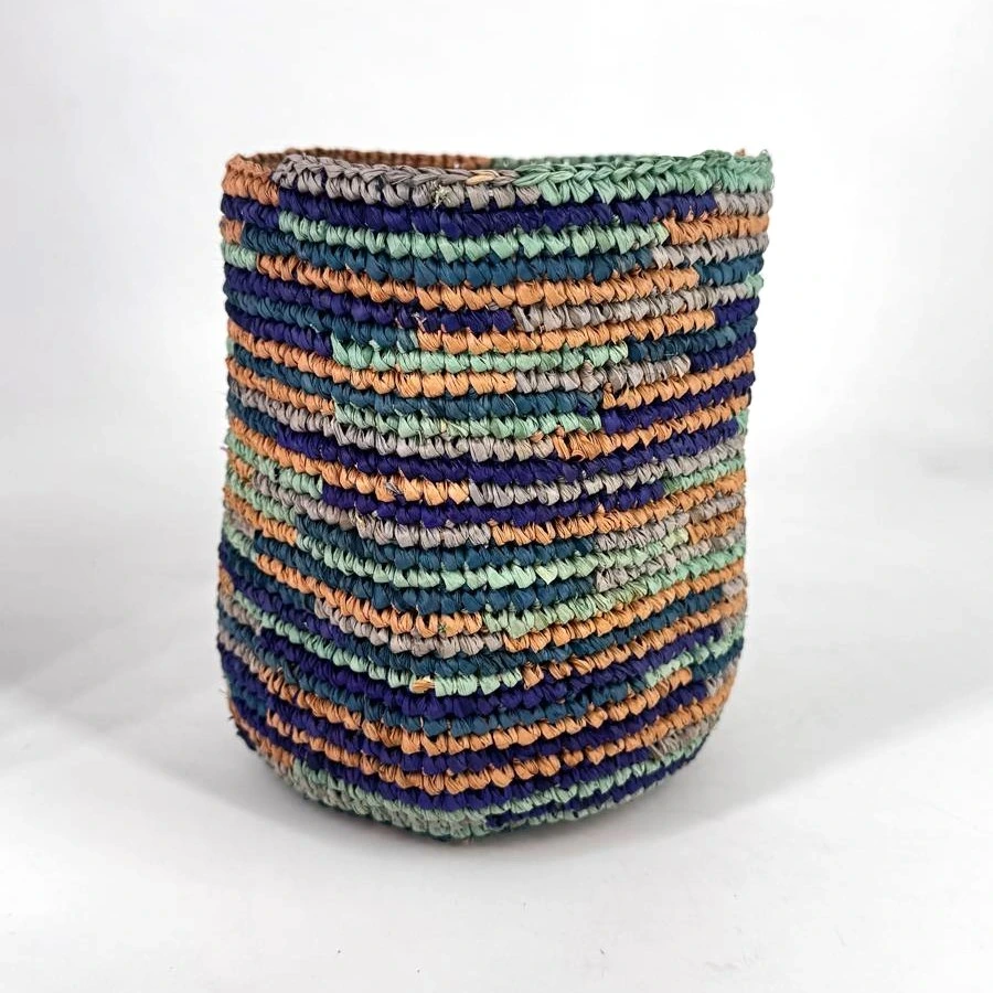 Corbeille cylindre raphia crochet 20x20 cm - couleur bleu azur