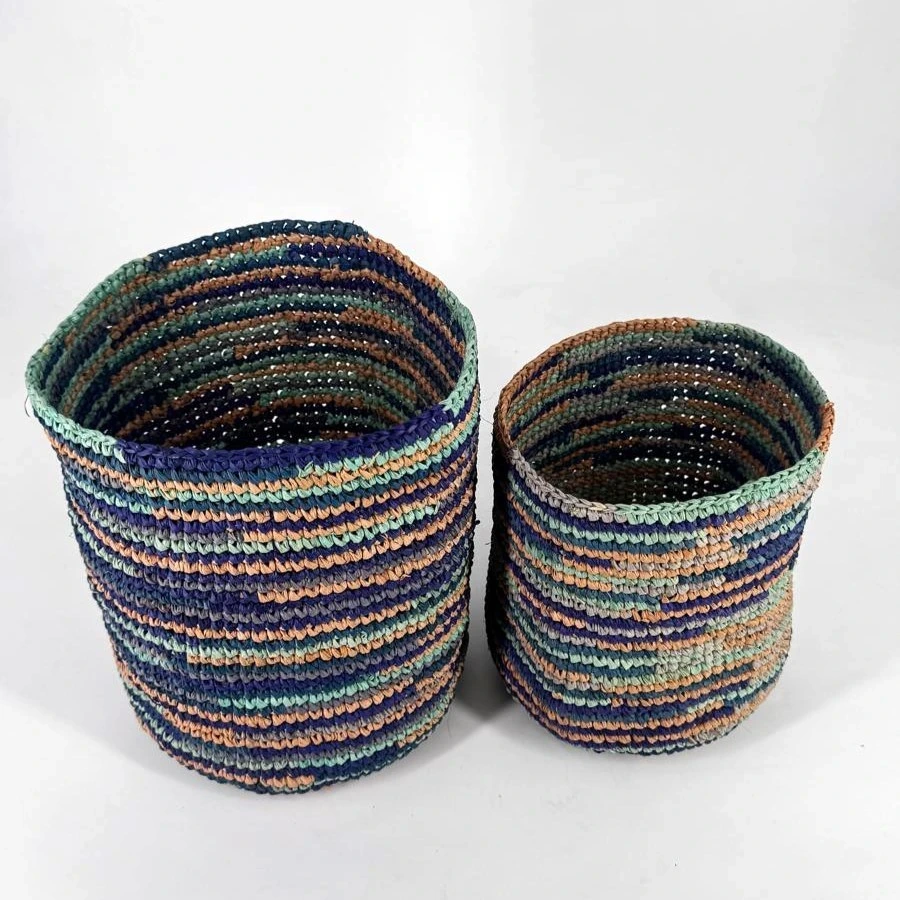 Corbeille cylindre raphia crochet 16x16 cm - couleur bleu azur
