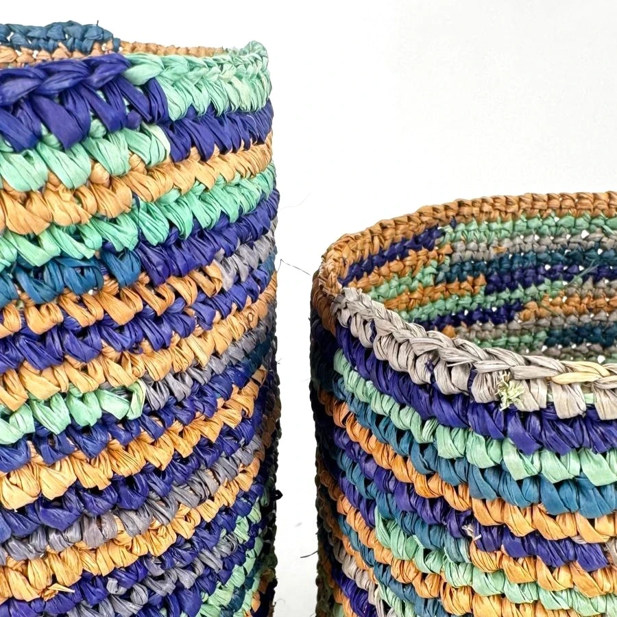 Corbeille cylindre raphia crochet 16x16 cm - couleur bleu azur