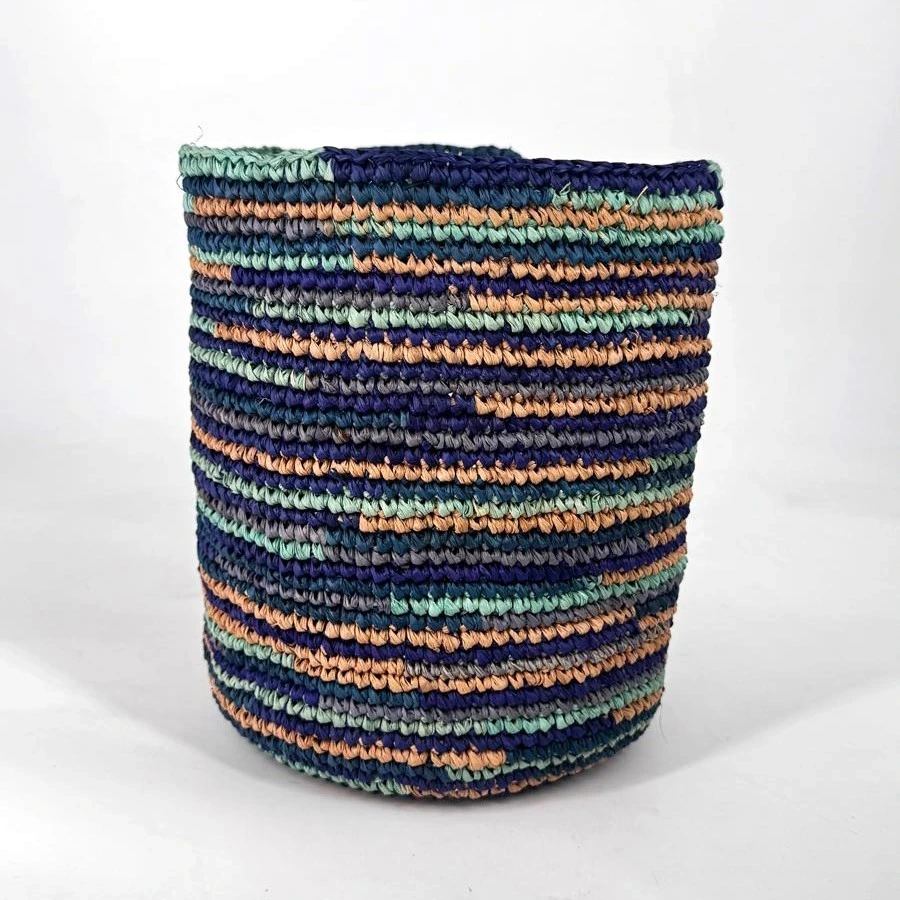 Corbeille cylindre raphia crochet 16x16 cm - couleur bleu azur
