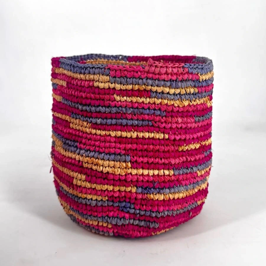 Corbeille cylindre raphia crochet 20x20 cm - couleur vieux rose 