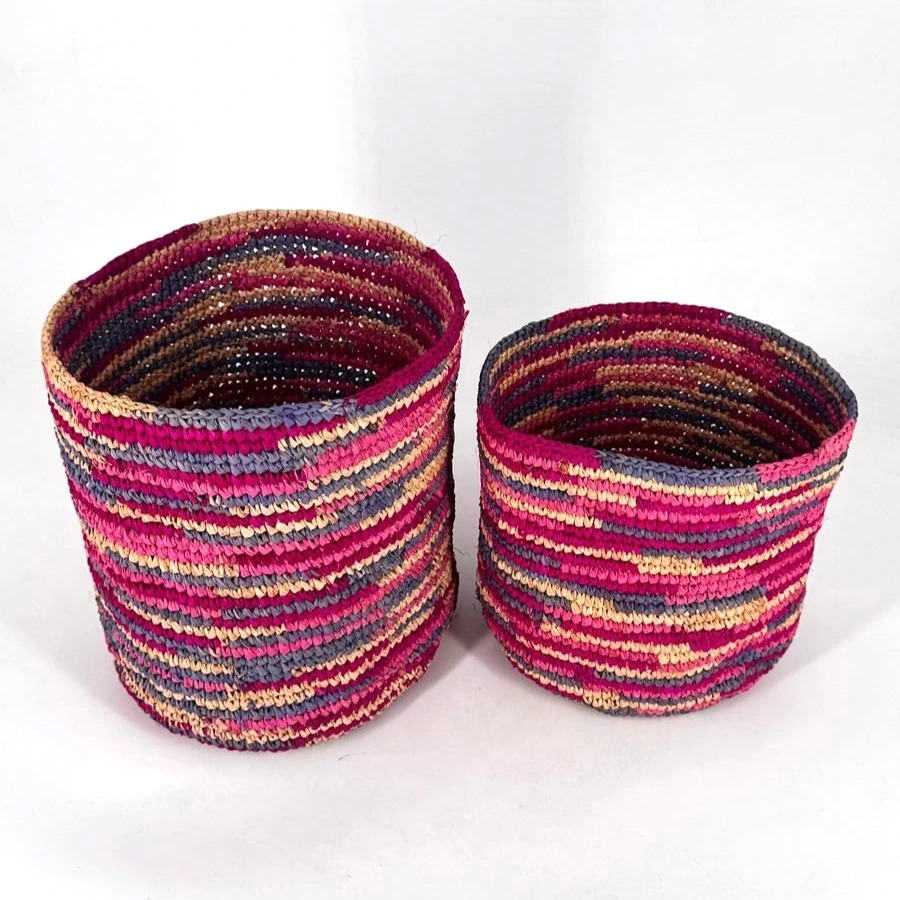 Corbeille cylindre raphia crochet 20x20 cm - couleur vieux rose 