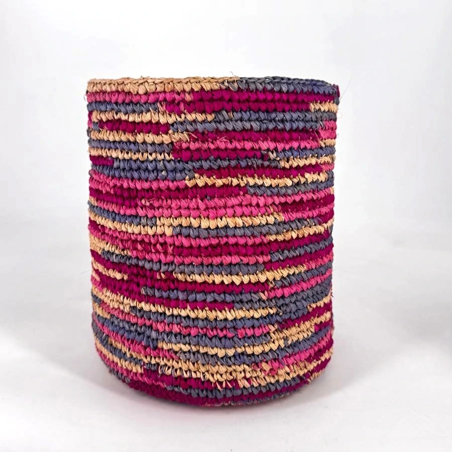 Corbeille cylindre raphia crochet 20x20 cm - couleur vieux rose 