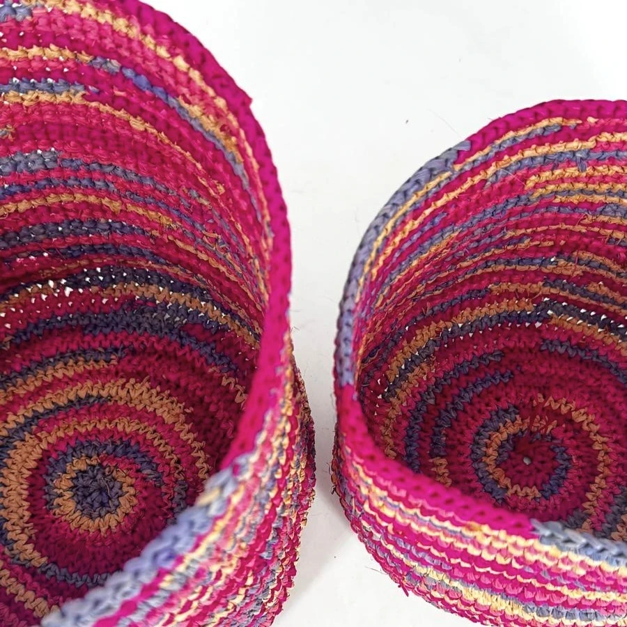 Corbeille cylindre raphia crochet 16x16 cm - couleur vieux rose