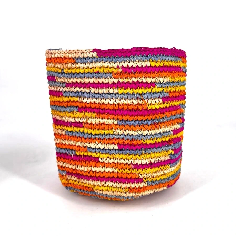 Corbeille cylindre raphia crochet 16x16 cm - couleur rose pop