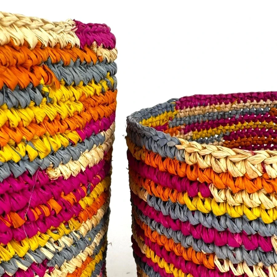 Corbeille cylindre raphia crochet 16x16 cm - couleur rose pop