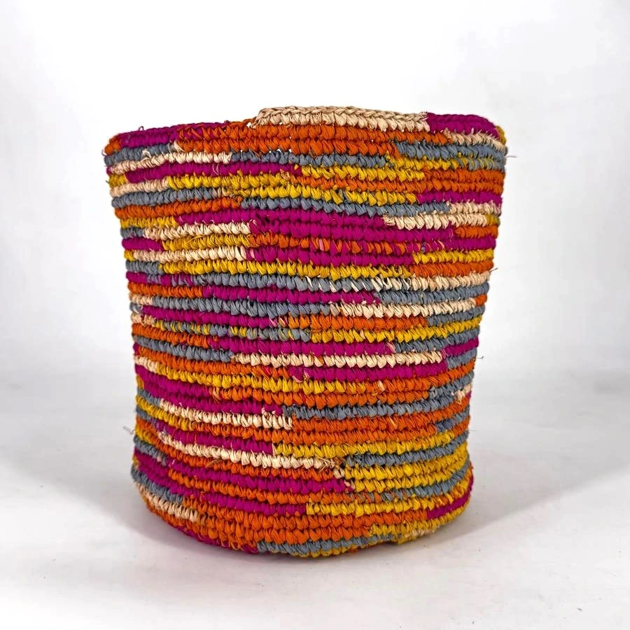 Corbeille cylindre raphia crochet 16x16 cm - couleur rose pop