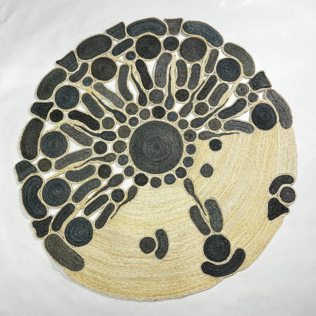 Tapis en sisal - Modèle fleurs - Bulles gris/bleu fond clair - Diam 140 cm