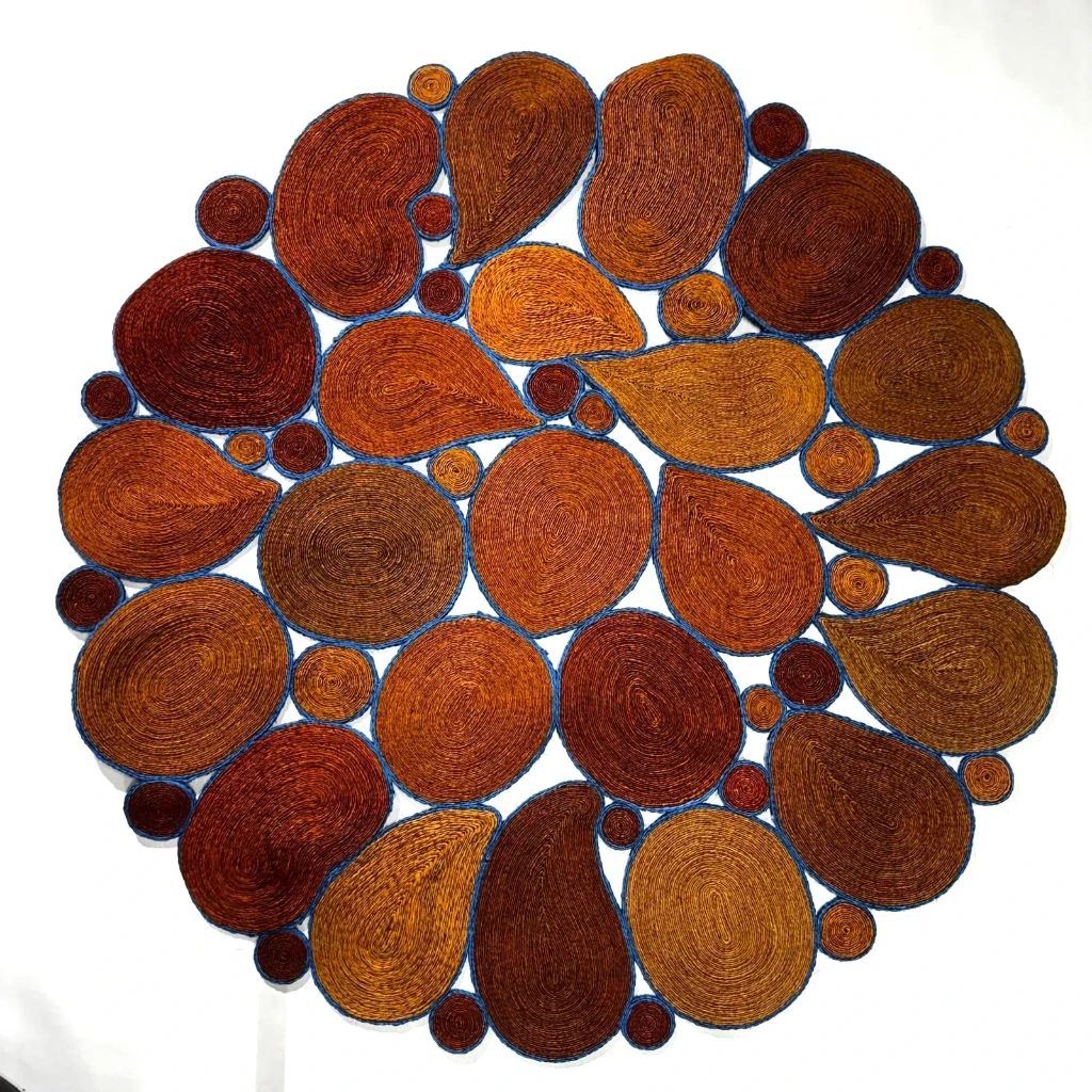 Tapis en sisal - Modèle Marcelle - Bulles foncées liseré bleu - Diam 140 cm