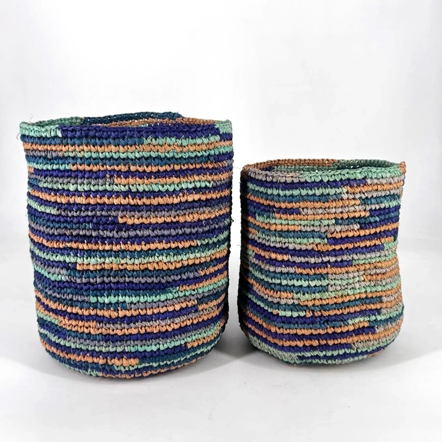 Corbeille cylindre raphia crochet 20x20 cm - couleur bleu azur