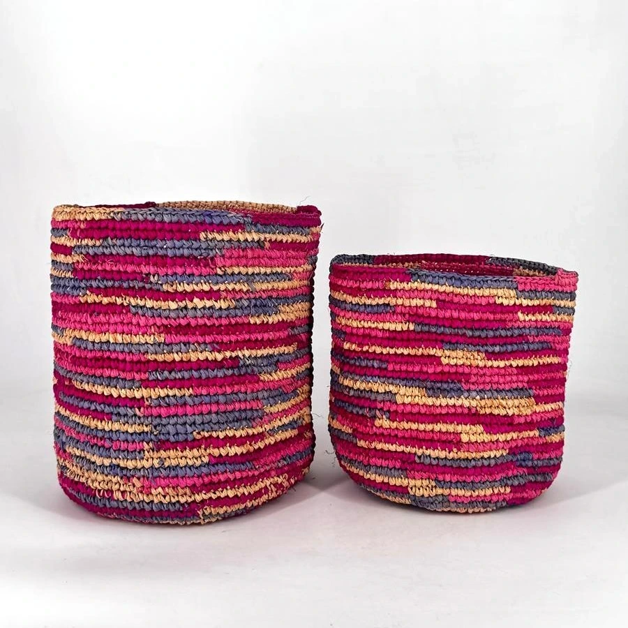 Corbeille cylindre raphia crochet 16x16 cm - couleur vieux rose