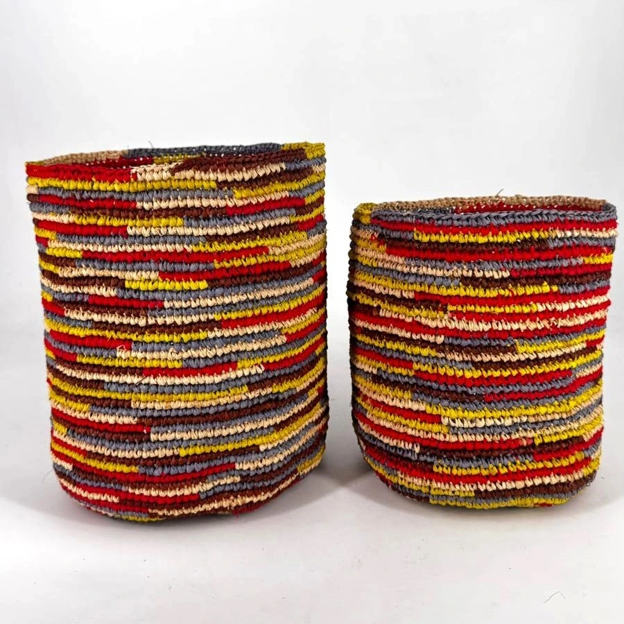 Corbeille cylindre raphia crochet 20x20 cm - couleur terre soleil
