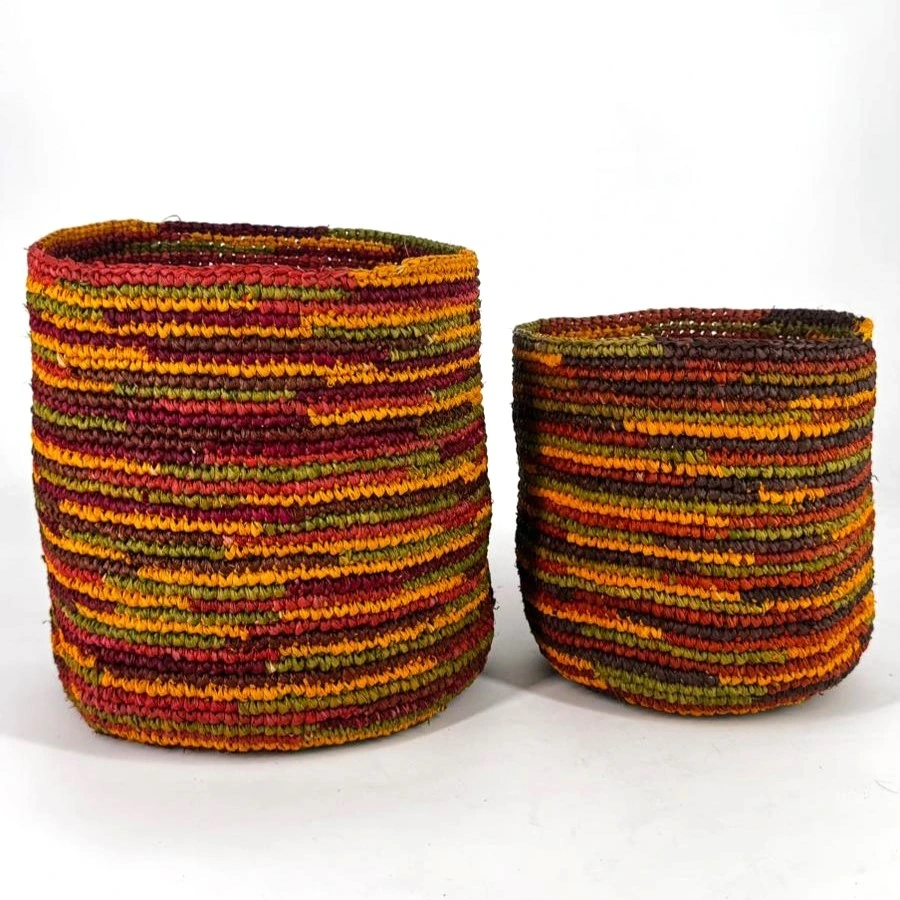 Corbeille cylindre raphia crochet 20x20 cm - couleur terre chocolat