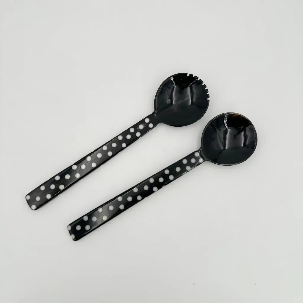 Jeu de couverts à salade en corne de zébu - Modèle GM plat à pois finition poli & lustré - Env. 30 cm / 1 g