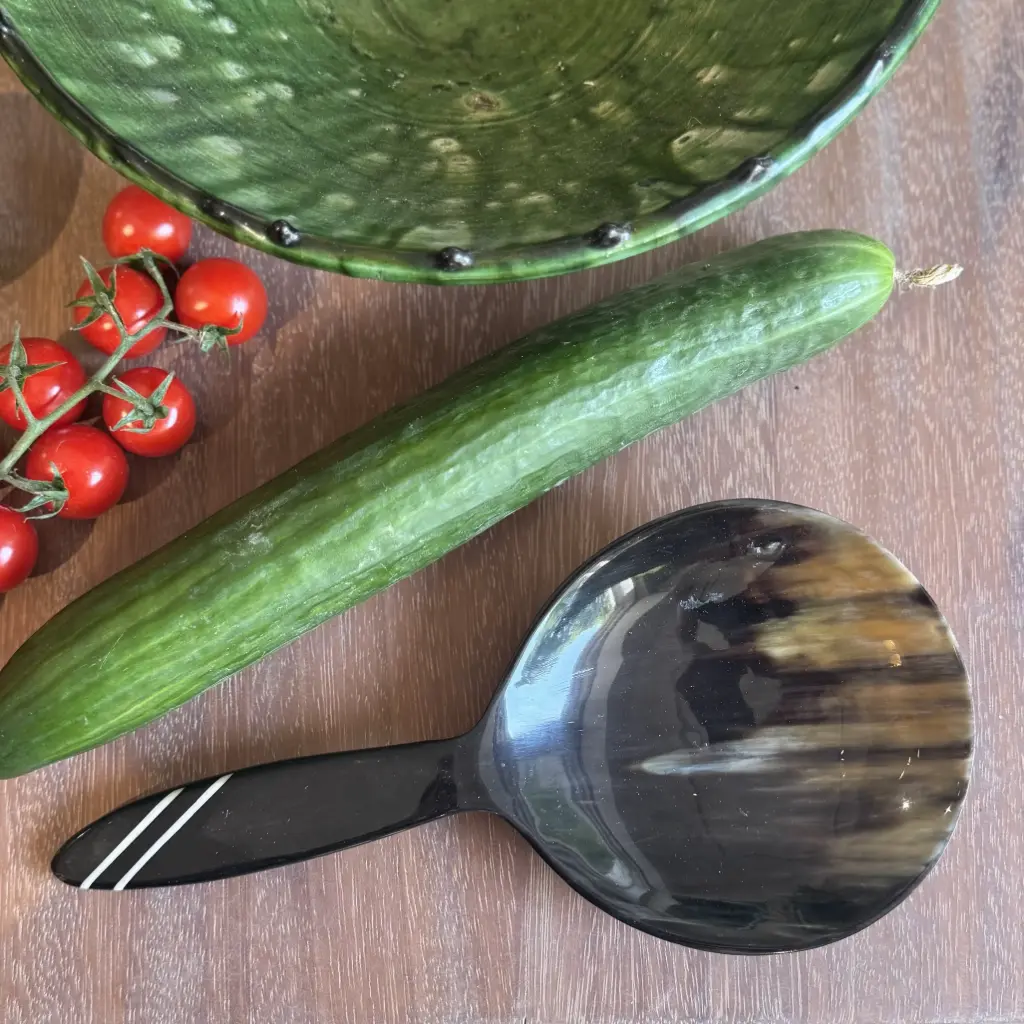 Cuillère à riz en corne de zébu - Modèle GM 2 bandes finition poli & lustré - Env. 27 cm / 1 g