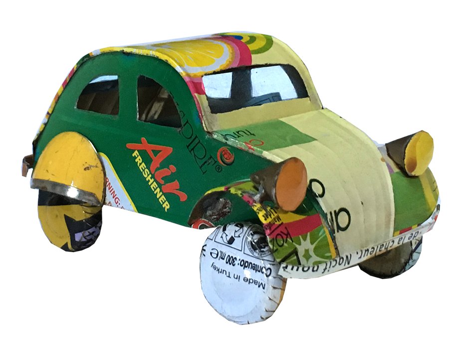 Maquette en canettes recyclées - Modèle Voiture Citroen 2CV finition couleurs variées - L env 8/9 cm / 25 g