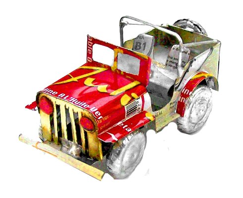 Maquette en canettes recyclées - Modèle Voiture Jeep finition couleurs variées - L env 8/9 cm / 25 g
