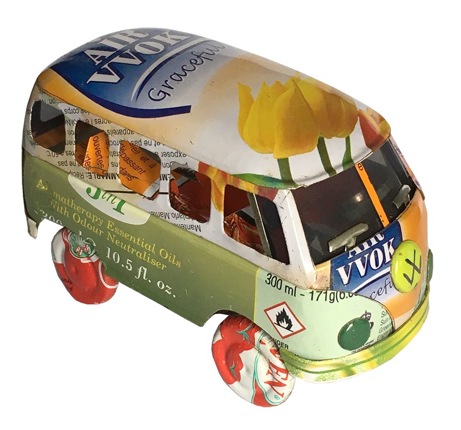 Maquette en canettes recyclées - Modèle Van combi VW finition couleurs variées - L env 10 cm / 50 g