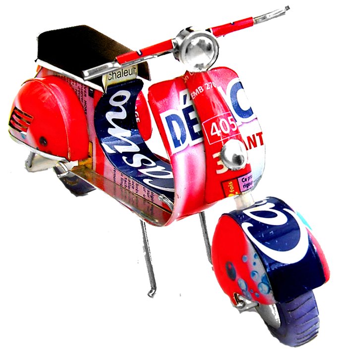 Maquette en canettes recyclées - Modèle 2 roues scooter finition couleurs variées - L env 13 cm / 50 g