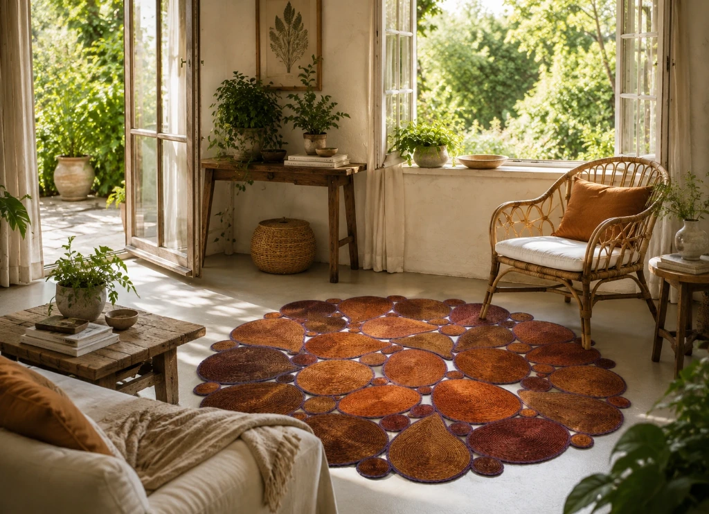 Tapis en sisal - Modèle Marcelle - Bulles foncées liseré bleu - Diam 140 cm