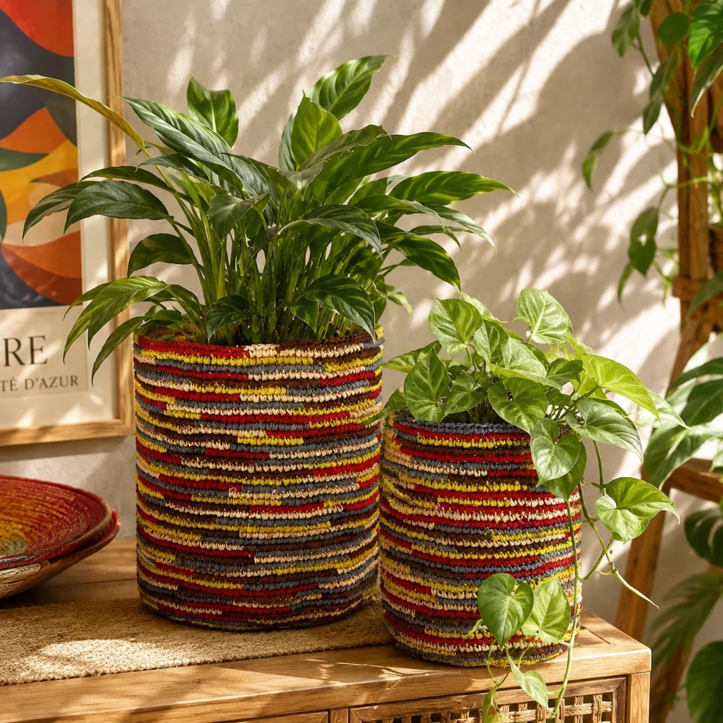 Corbeille cylindre raphia crochet 16 cm - couleur terre soleil