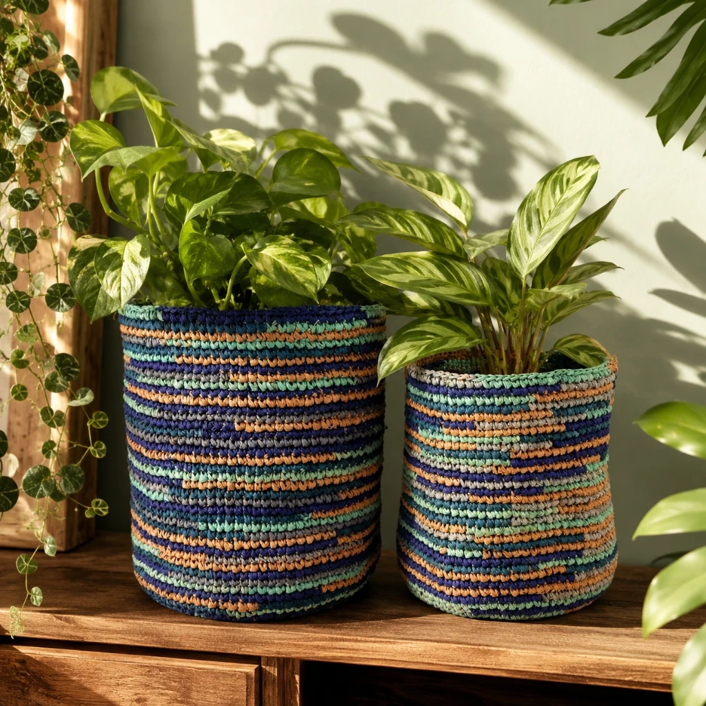 [RACB-BA016V] Corbeille cylindre raphia crochet 16 cm - couleur bleu azur