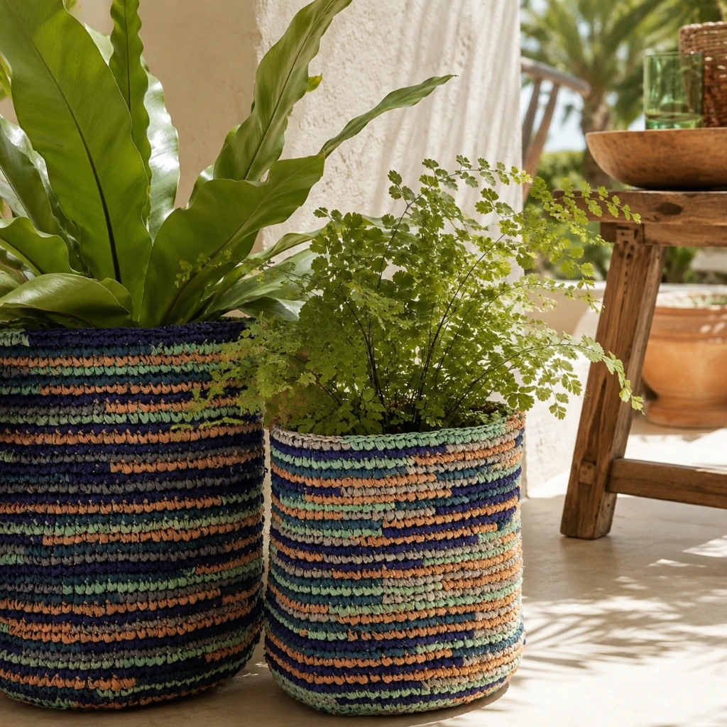 Corbeille cylindre raphia crochet 20 cm - couleur bleu azur