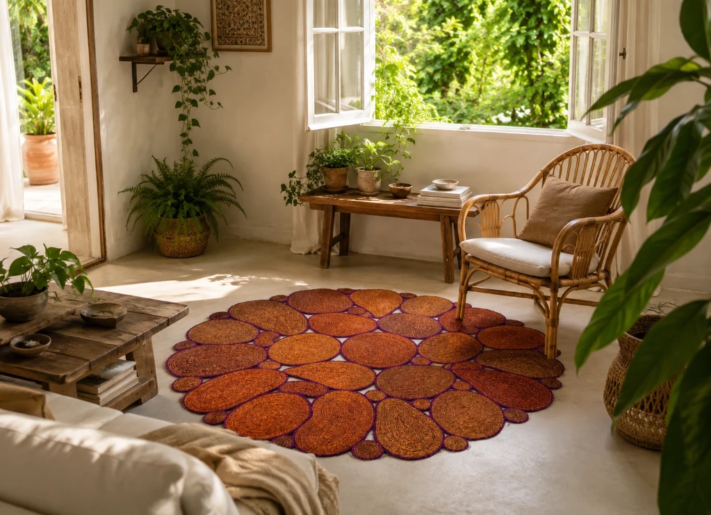 Tapis en sisal - Modèle Marcelle - Bulles foncées liseré violet - Diam 140 cm