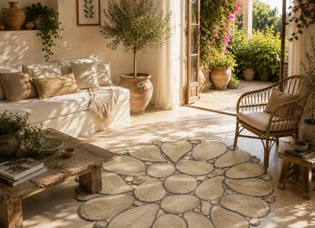 Tapis en sisal - Modèle Marcelle - Bulles claires liseré gris - Diam 140 cm