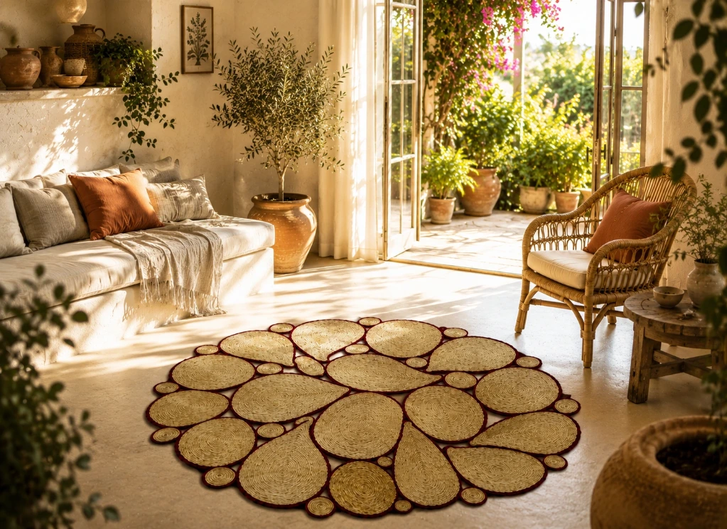 Tapis en sisal - Modèle Marcelle - Bulles claires liseré bordeaux- Diam 140 cm