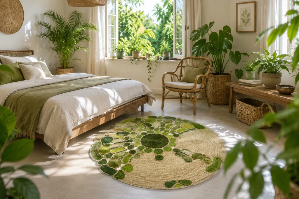Tapis en sisal - Modèle fleurs - Bulles vertes fond clair - Diam 140 cm
