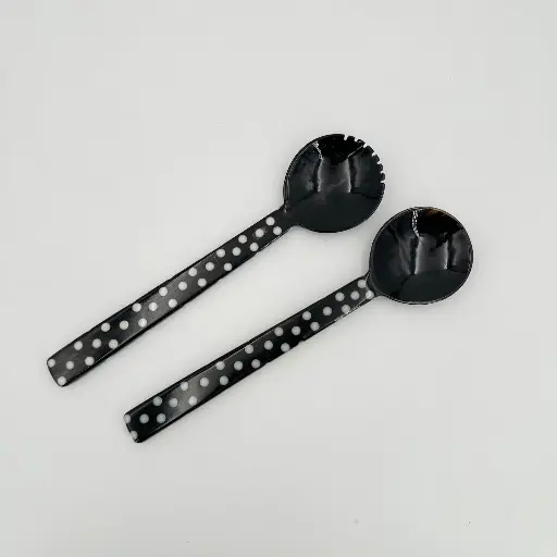 [CZCS-PP030C] Jeu de couverts à salade en corne de zébu - Modèle GM plat à pois finition poli & lustré - Env. 30 cm / 1 g