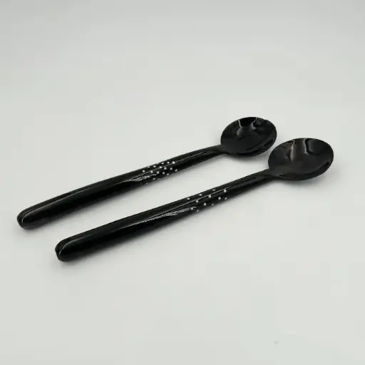 [CZCS-RN030C] Jeu de couverts à salade en corne de zébu - Modèle GM Rond fond noir finition poli & lustré - Env. 30 cm / 1 g