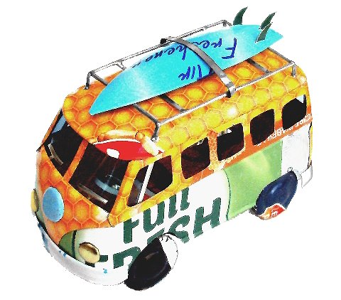 [KKMA-V2010V] Maquette en canettes recyclées - Modèle Van combi VW avec surf finition couleurs variées - L env 10 cm / 50 g