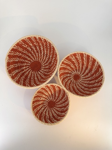 Corbeille circulaire en raphia - Motifs spirale en fibre naturelle sur fond marron chocolat - 3 tailles