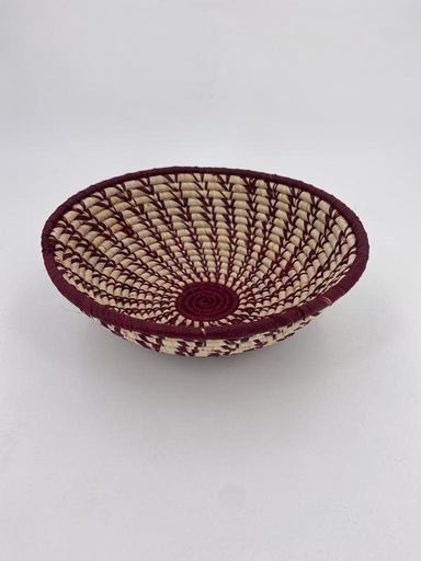 [RACB-Bn028N] Corbeille circulaire en raphia - Motifs spirale en fibre bordeaux sur fond raphia naturel - 1 tailles